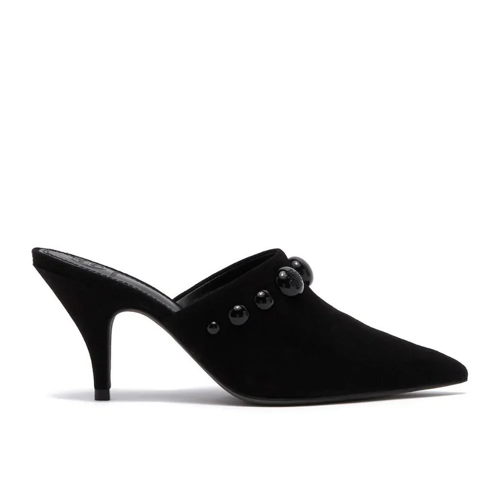 Tory Burch Black Suede Pointed Mule Heels with Stud Accents